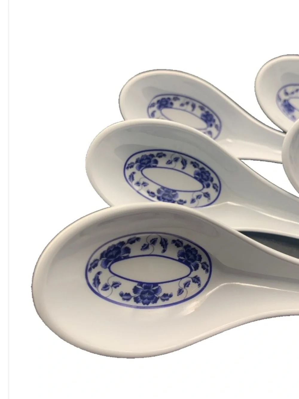 Vintage Japan Chinese Soup Spoons Ladle Blue Lotus Pattern Lot Set of 5 Melamine